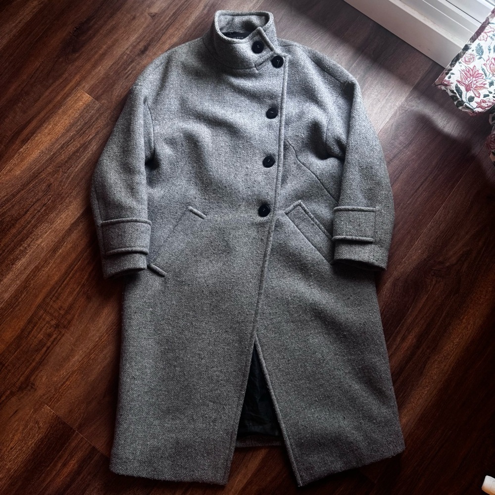 ZARA Wool Blend Grey Trench Coat Button Down  High Neck Jacket Minimalist Chic - Picture 2 of 8